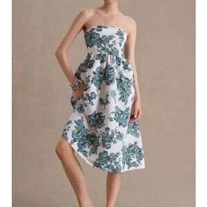 Sachin & Babi Blaine Strapless Taffeta Midi Dress Anthropologie Green Floral 10